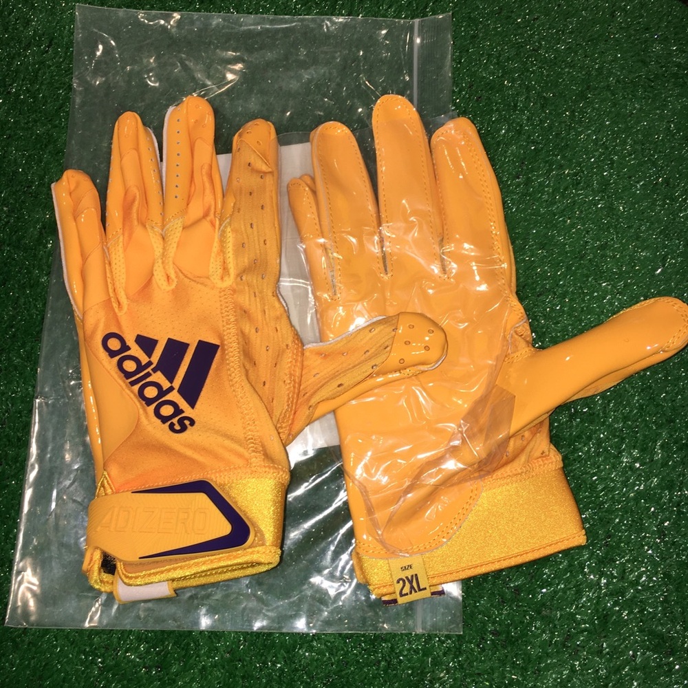 NEW NFL ADIDAS ADIZERO 9 WR FOOTBALL GLOVES XXL GOLD / PURPLE LOGO